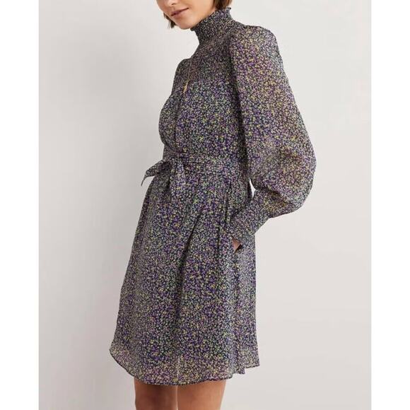 BODEN Smocked Yoke Floral Metallic Tie Waist Long Sleeve Mock Neck Dress 8 - Picture 4 of 16